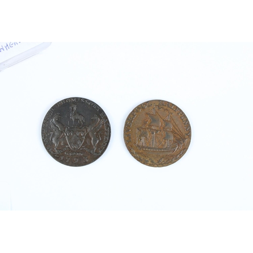 922 - C18th English Lancashire provincial conder token coins inc. Liverpool halfpenny Ship/John of Gaunt, ... 