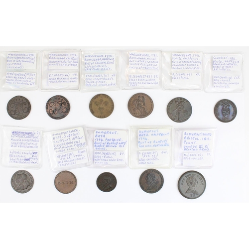 926 - C18th/19th English Warwickshire and Somerset provincial conder token coins inc. Birmingham 1792 half... 