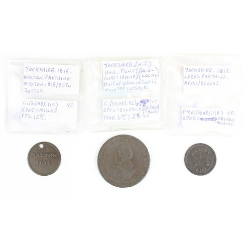 927 - C19th English Yorkshire provincial conder token coins inc. Malton 1815 farthing/Esto Justus, Hull no... 