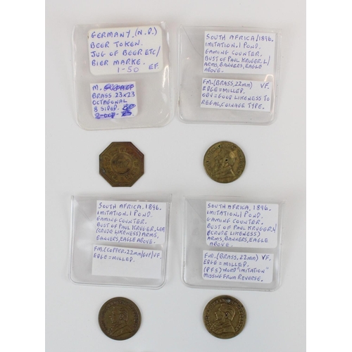 930 - Three late C19th South Africa Imitation Pond gaming tokens and a German beer token