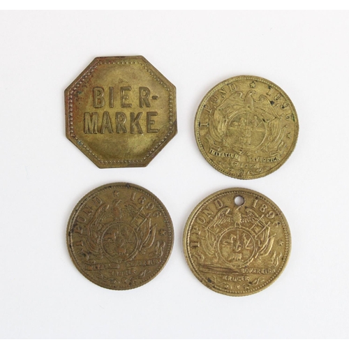 930 - Three late C19th South Africa Imitation Pond gaming tokens and a German beer token