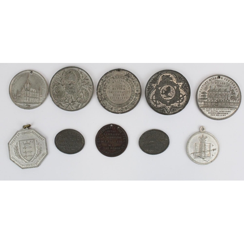 936 - C19th Preston Lancashire Exhibition medals together with two Dundee communion tokens and other comme... 