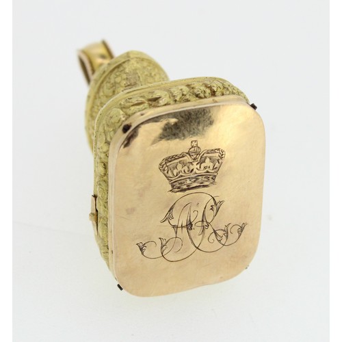 1011 - Late C19th yellow metal musical fob charm, seal  inscribed with AR monogram topped by crown, on rect... 