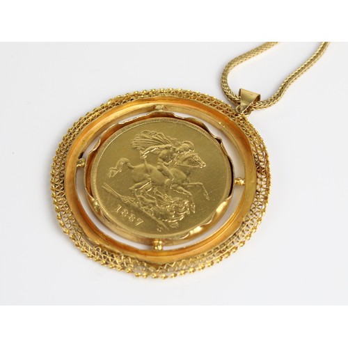 1002 - 1887 British Gold £5 Jubilee Head Coin, 40.0g, with yellow metal mount pendant on yellow metal chain... 
