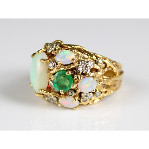 1010 - 18ct yellow gold cocktail ring set with cabochon opals and brilliant cut emeralds and diamonds, stam... 