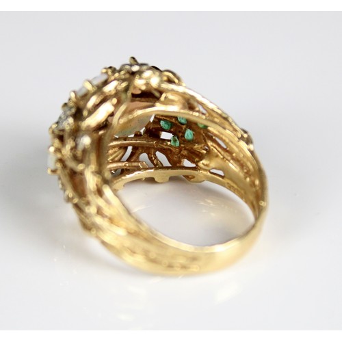 1010 - 18ct yellow gold cocktail ring set with cabochon opals and brilliant cut emeralds and diamonds, stam... 