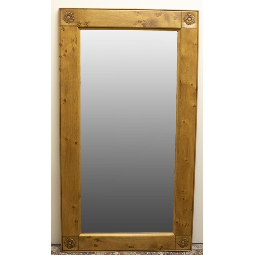 1385 - Stewart Linford Furniture - an oak wall mirror, rectangular bevelled plate in burr frame with rose c... 