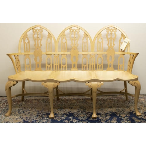 1388 - Stewart Linford Furniture beech and sycamore Strawberry Hill Gothic three chair back seat, on moulde... 