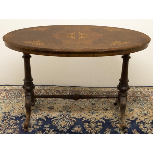 1379 - Victorian inlaid burr walnut centre table, moulded oval top on slender turned end supports with cabr... 