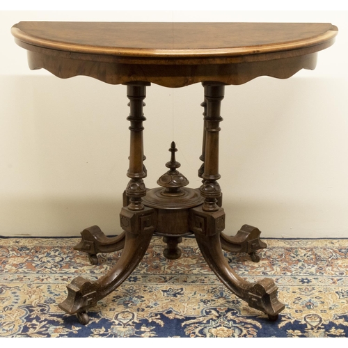 1380 - Victorian burr walnut card table, baize lined moulded folding oval top on four turned column support... 