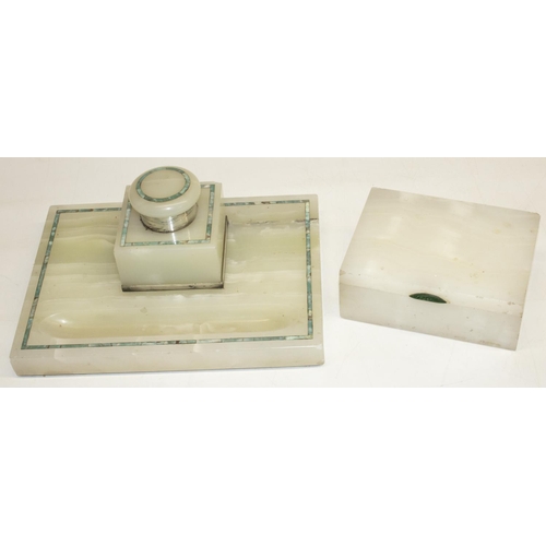 1144 - Art Deco hallmarked silver mounted blue marble banded pale green onyx rectangular inkstand with well... 