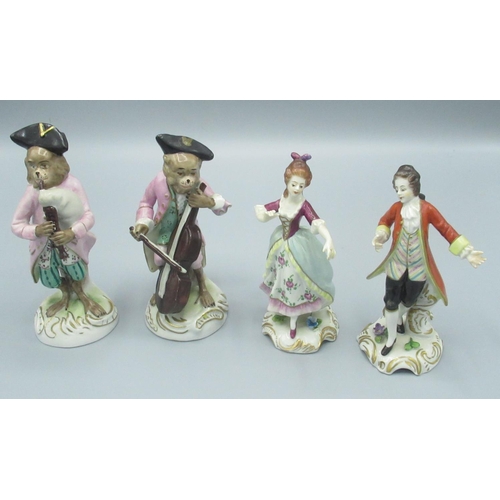 186 - Pair of Kister monkey musician figures with cello (a/f) and bagpipes, & a pair of Volkstedt porcelai... 