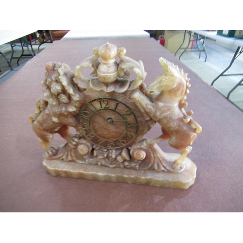 226 - Late C19th soapstone mantel clock, pierced and carved as Royal Standard on rectangular base, lacks o... 