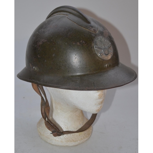 717 - WW2 era French Army M26 Adrian steel helmet with brown leather liner and chinstrap