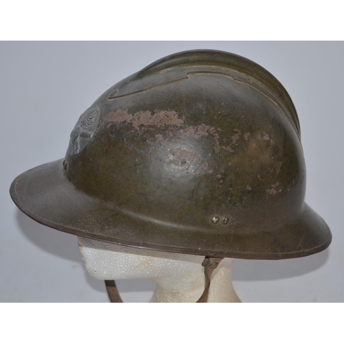 717 - WW2 era French Army M26 Adrian steel helmet with brown leather liner and chinstrap