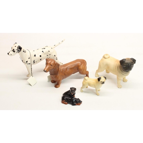 164 - Beswick Dalmatian Ch. Arnoldene, Dachshund, Pug Ch. Cutmil Cupie, small pug and Rottweiler pups (5)