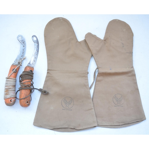 727 - Pair of US Army Air Forces lightweight cloth mittens and 2 RAF aircraft cork handled floating dinghy... 