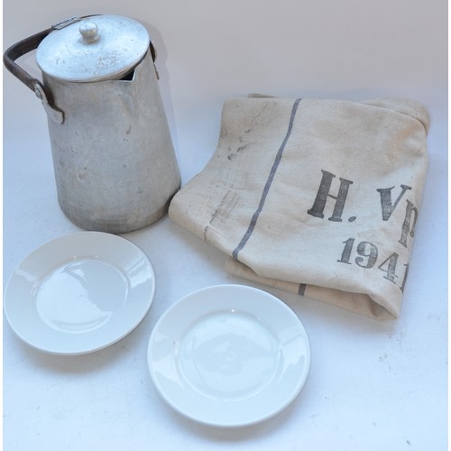 729 - Large WW2 Luftwaffe coffee pot stamped on base FL UV, H34.5cm, 2 mess plates (1 Luftwaffe) and a lar... 