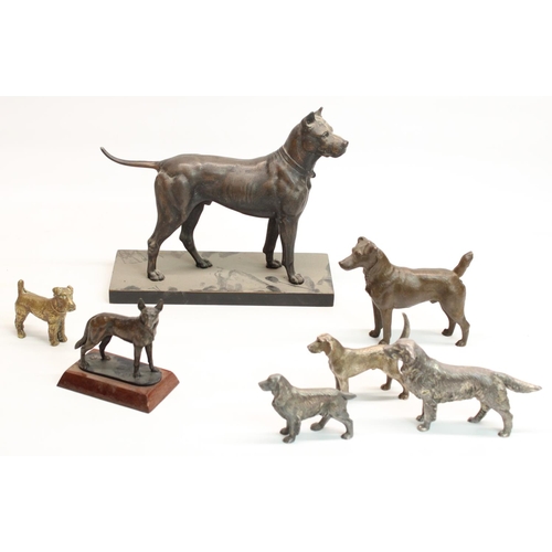 185 - Cold cast bronze Mastiff type dog on plinth, H23cm, bronze Jack Russell terrier, H12cm, silver plate... 