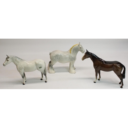 196 - Beswick horses: dappled grey shire mare, model #818, two stallions in bay and dappled grey, H20cm (3... 