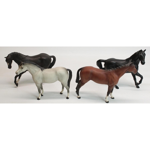 208 - Three Beswick matt glaze stallions in black, bay, and dapple grey, and another horse stamped Royal D... 