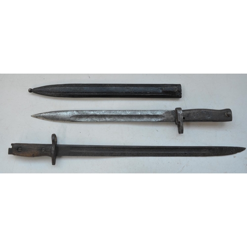 739 - Two vintage bayonets, one with metal scabbard (blade length 31.3cm), no markings a/f