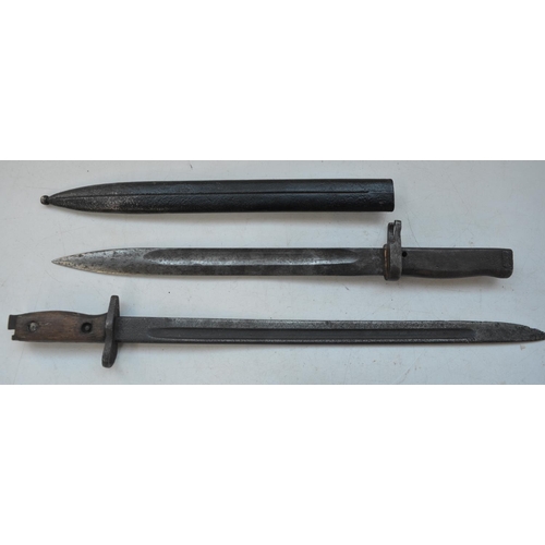 739 - Two vintage bayonets, one with metal scabbard (blade length 31.3cm), no markings a/f