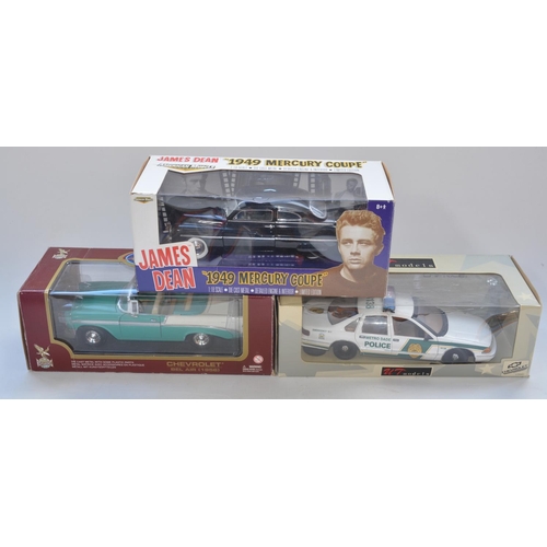 421 - Three 1/18 scale boxed diecast car models, James Dean's 1949 Mercury Coupe by American Muscle, very ... 