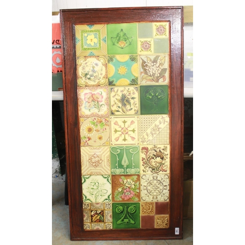 140 - Twenty one late Victorian and Art Nouveau fireplace tiles framed as one, W123cm H62cm