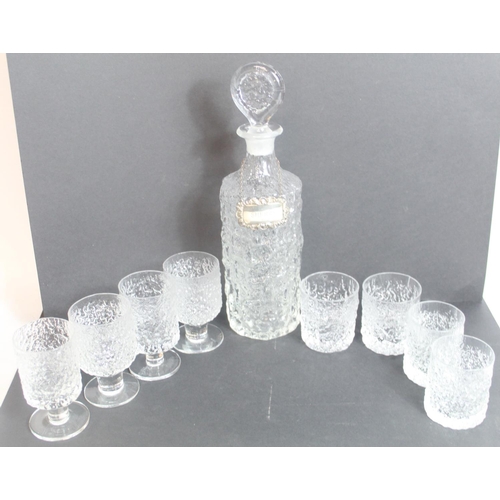 144 - 1960's Whitefriars Flint bark effect decanter H34cm with silver Sherry label, 4 sherry glasses, 4 ma... 