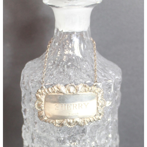 144 - 1960's Whitefriars Flint bark effect decanter H34cm with silver Sherry label, 4 sherry glasses, 4 ma... 