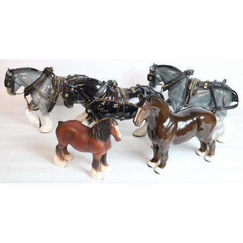 224 - Beswick Shire horse with pink and yellow ribbon, Beswick Shire mare model 818 and three Sylvac dray ... 