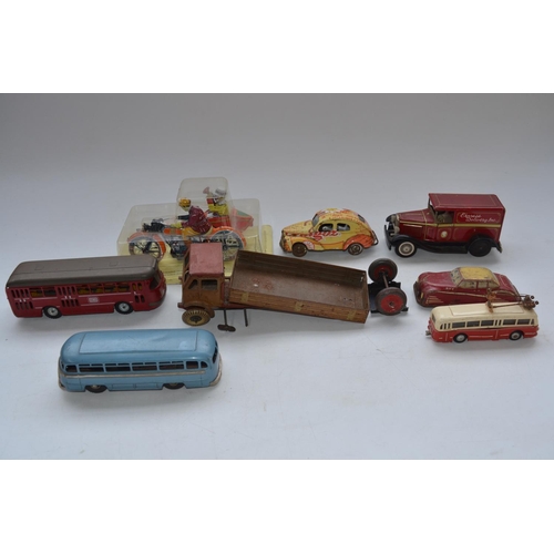 426 - Collection of modern and vintage tinplate bus, motorbike and car models, all A/F. (8)