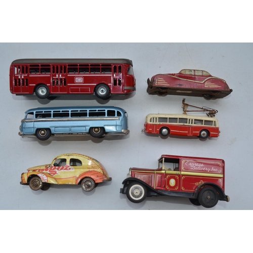 426 - Collection of modern and vintage tinplate bus, motorbike and car models, all A/F. (8)