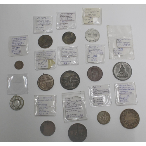 920 - Collection of mostly C19th worldwide commemorative coins incl. Jean Sans Peur Duke of Burgundy 1371 ... 