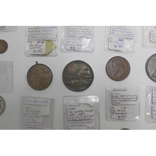 920 - Collection of mostly C19th worldwide commemorative coins incl. Jean Sans Peur Duke of Burgundy 1371 ... 