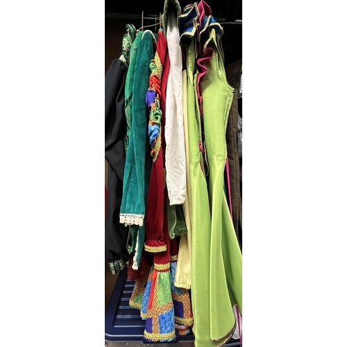 217 - Principal boy/male part pantomime costumes including jackets, waistcoats and tunics, mostly green, s... 