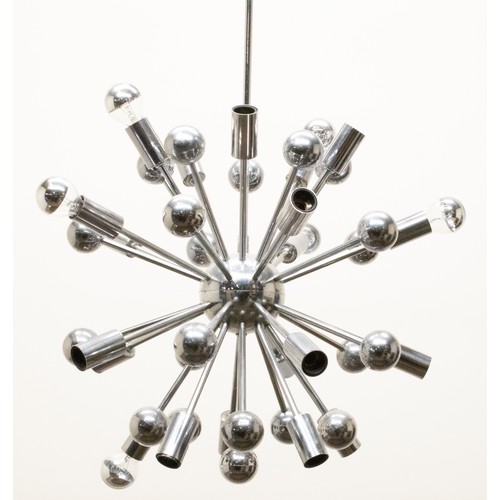 118 - Contemporary Sputnik chromed metal multi branch hanging light fitting, H100cm approx