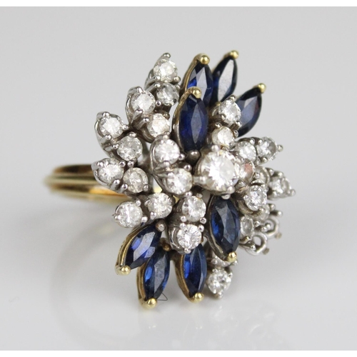 2 - 18ct yellow gold diamond and sapphire cluster ring set with brilliant cut diamonds and marquise cut ... 