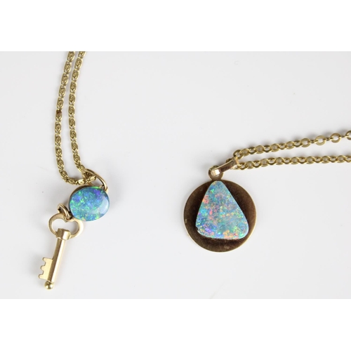 38 - Two yellow metal and opal pendants, one doublet cut opal with Ram design to the reverse with clasp m... 