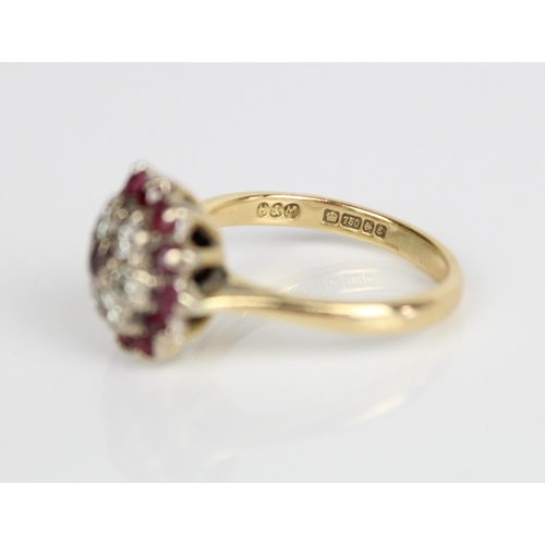 7 - 18ct yellow gold ruby and diamond cluster ring, stamped 750, size L, 5.3g