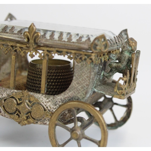 42 - Late C19th French small casket or thimble holder in the form of a gilt metal carriage, bevelled glas... 