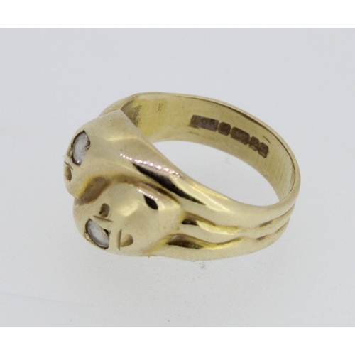 56 - c1970s 9ct gold entwined snake ring, the crowns set with paste stones.  Size Q/R, 5.0g