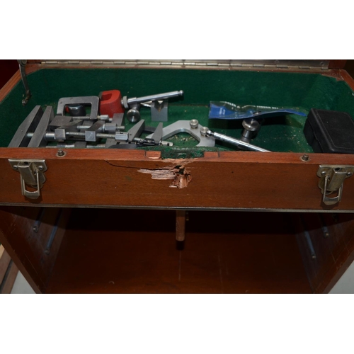 568 - Neslein wooden tool box, 7 drawers and top tray (Lock has been broken). Containing a quantity of too... 