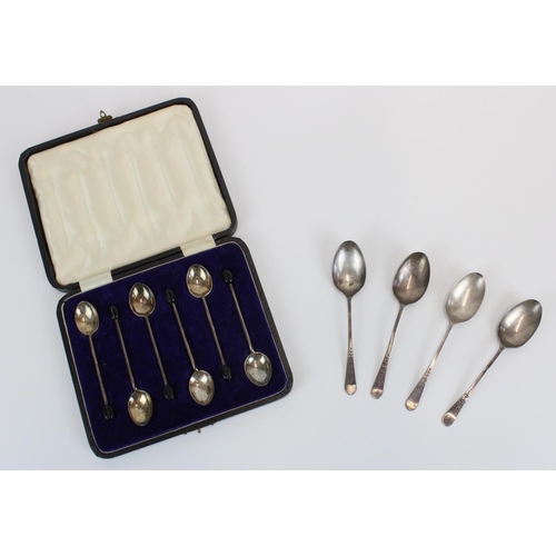 63 - Cased set of six hallmarked silver coffee spoons with bean finials, Sheffield 1904, and four hallmar... 