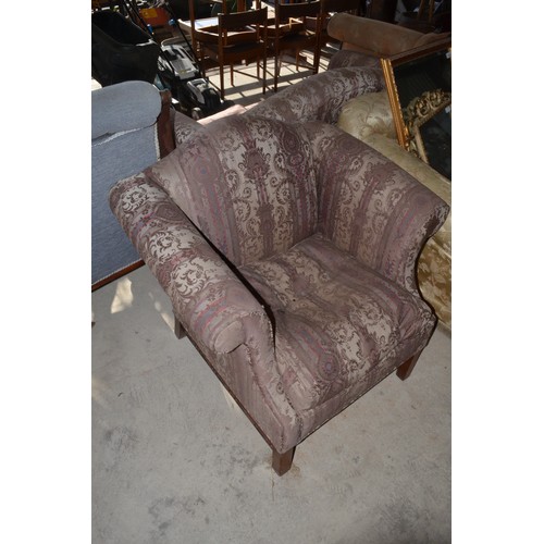 479 - C20th two seater mahogany framed sofa with scroll arms and curved raised back in patterned damask, a... 