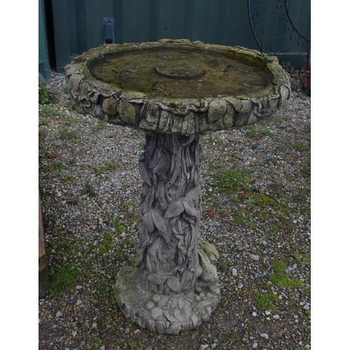 523 - Large bird bath with rustic design of leaves and bark and two baby rabbits, H72cm