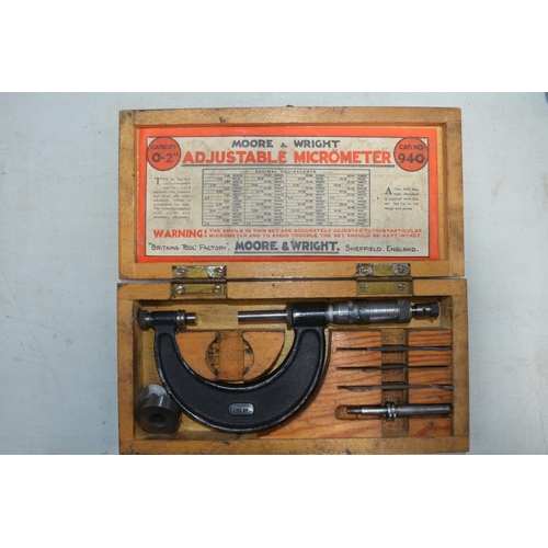 535 - Four Moore And Wright micrometers, all with original cases, a small set of calipers by King Dick, a ... 