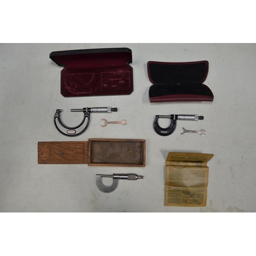 536 - Three Starrett micrometers including a vintage example with wooden box and instruction sheet