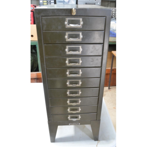 547 - Metal floor standing 10 drawer chest by Owen And Randle, with key. H72 D42 W28cm